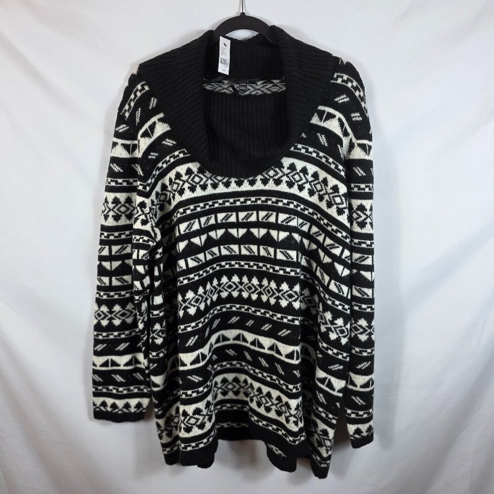 Lane Bryant Black & Ivory Fair Isle Cowl Neck Sweater Women's Size 22/24 Size 4X